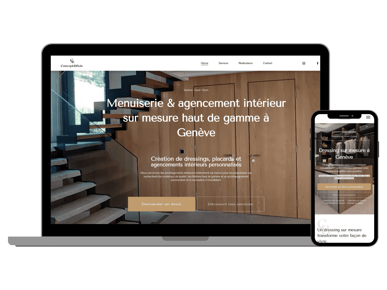 Site web de Concept & Bois après sa refonte par Luanda Digital, présenté sur ordinateur et smartphone